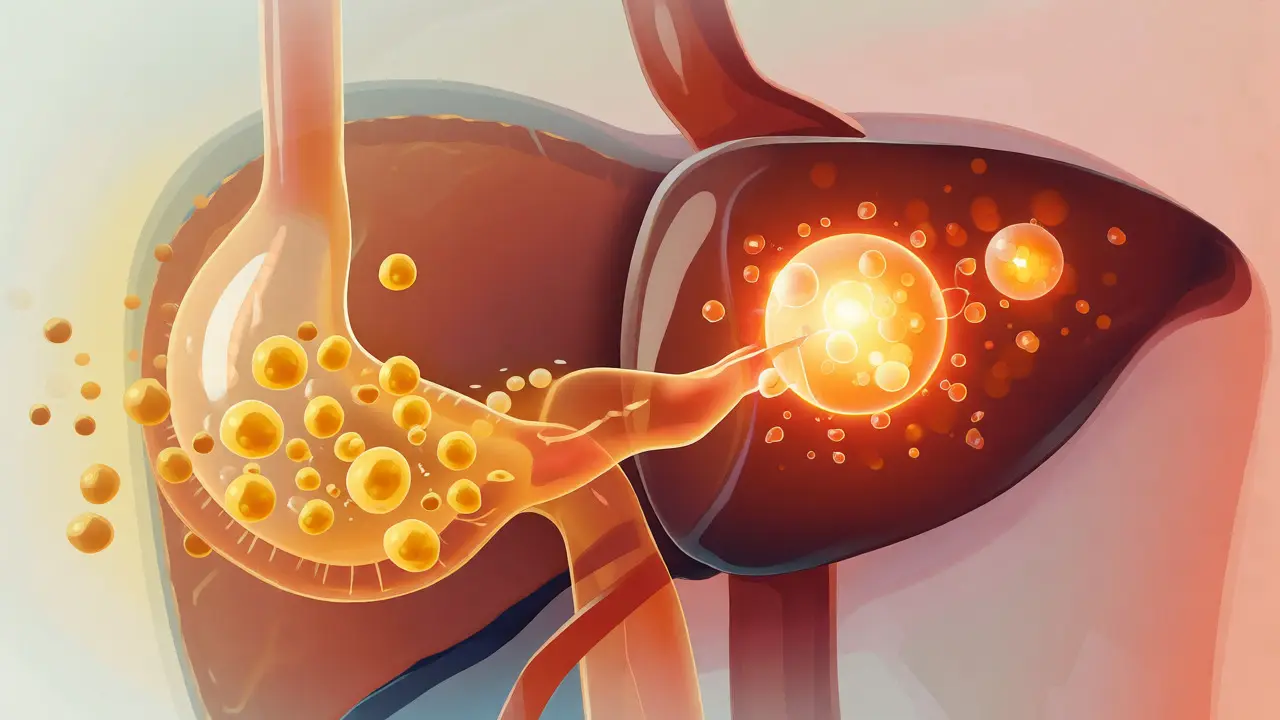 Ilustrace biologického procesu trávení HHC v žaludku a játrech s měnící se barvou molekul.