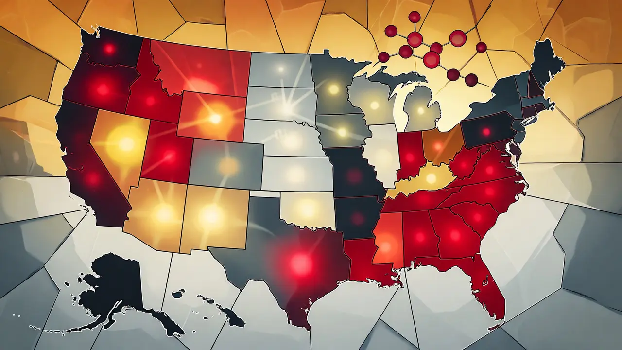 Konceptuální mapa USA s barevně odlišenými státy podle legislativy HHC.