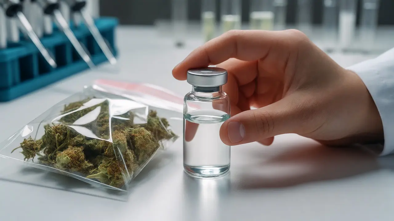 Laboratorní scéna s lahvičkou kanabinoidu a konopím pro kontrolu kvality.