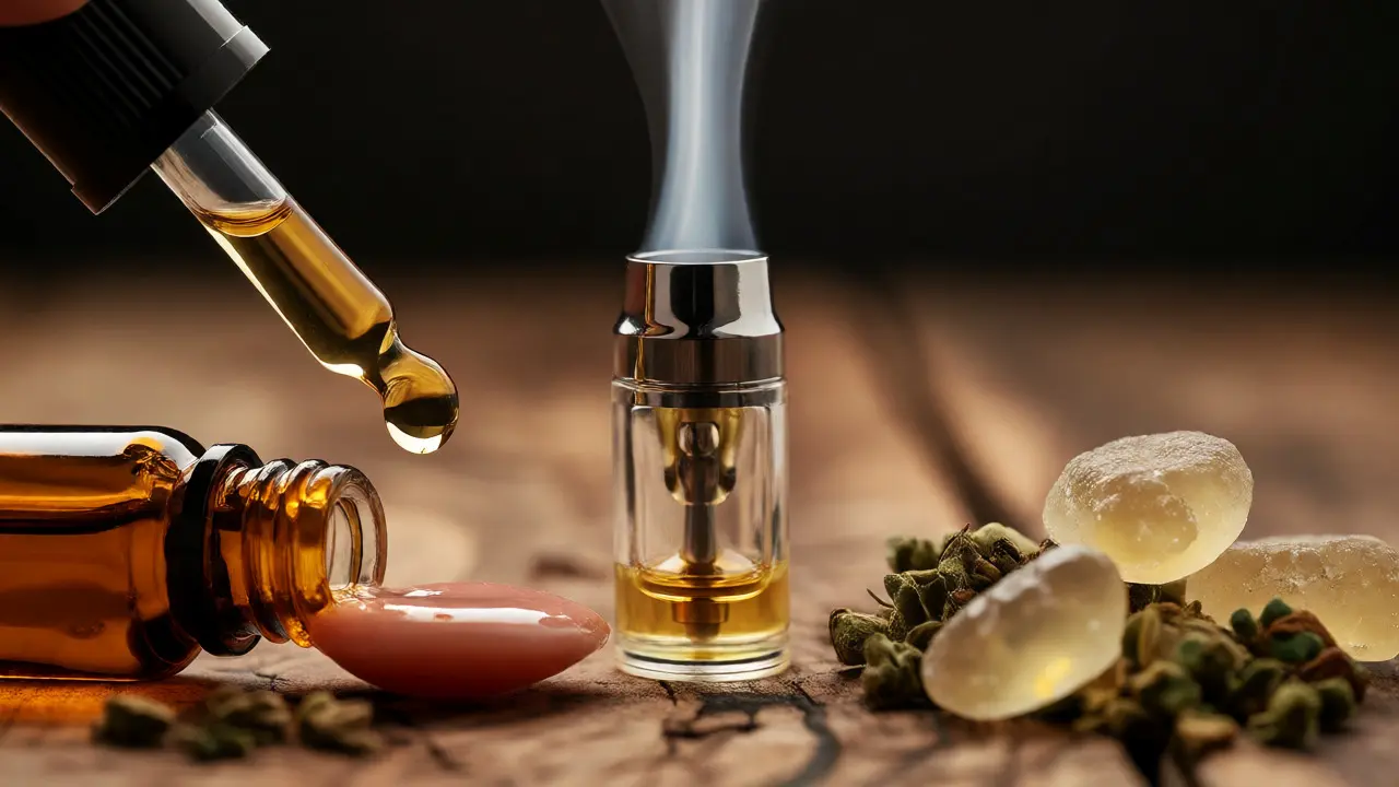Makro fotografie různých forem konzumace CBD: vapování, olejky a jedlé produkty