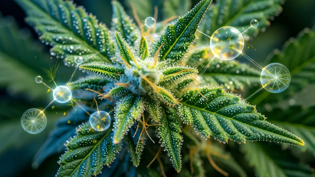 Makro snímek konopných pupenů s vizualizací terpenů