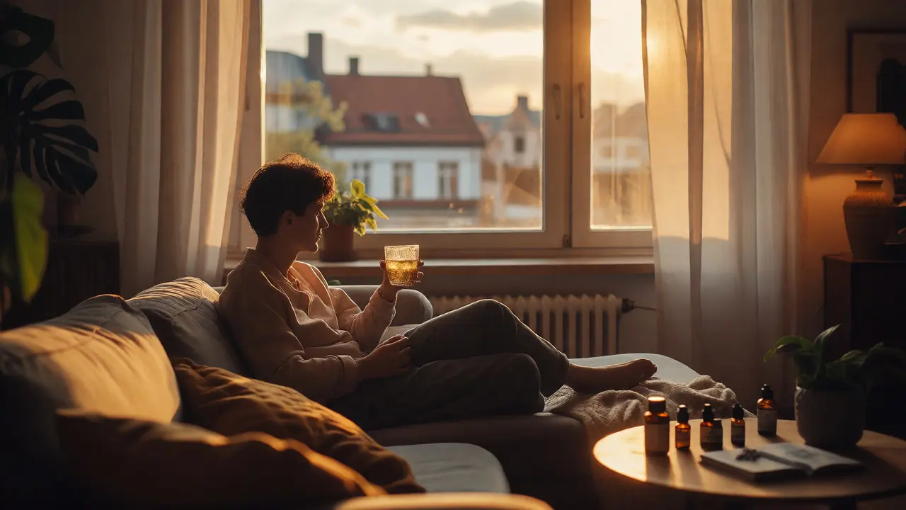 Osoba pijící relaxační nápoj v pohodlném obývacím pokoji
