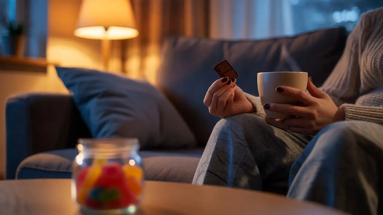 Osoba relaxující večer s kouskem tmavé čokolády