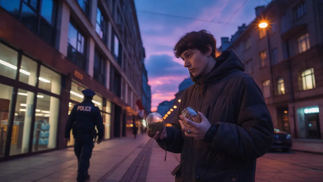 Osoba váhající s CBD květem v ulicích Prahy při soumraku
