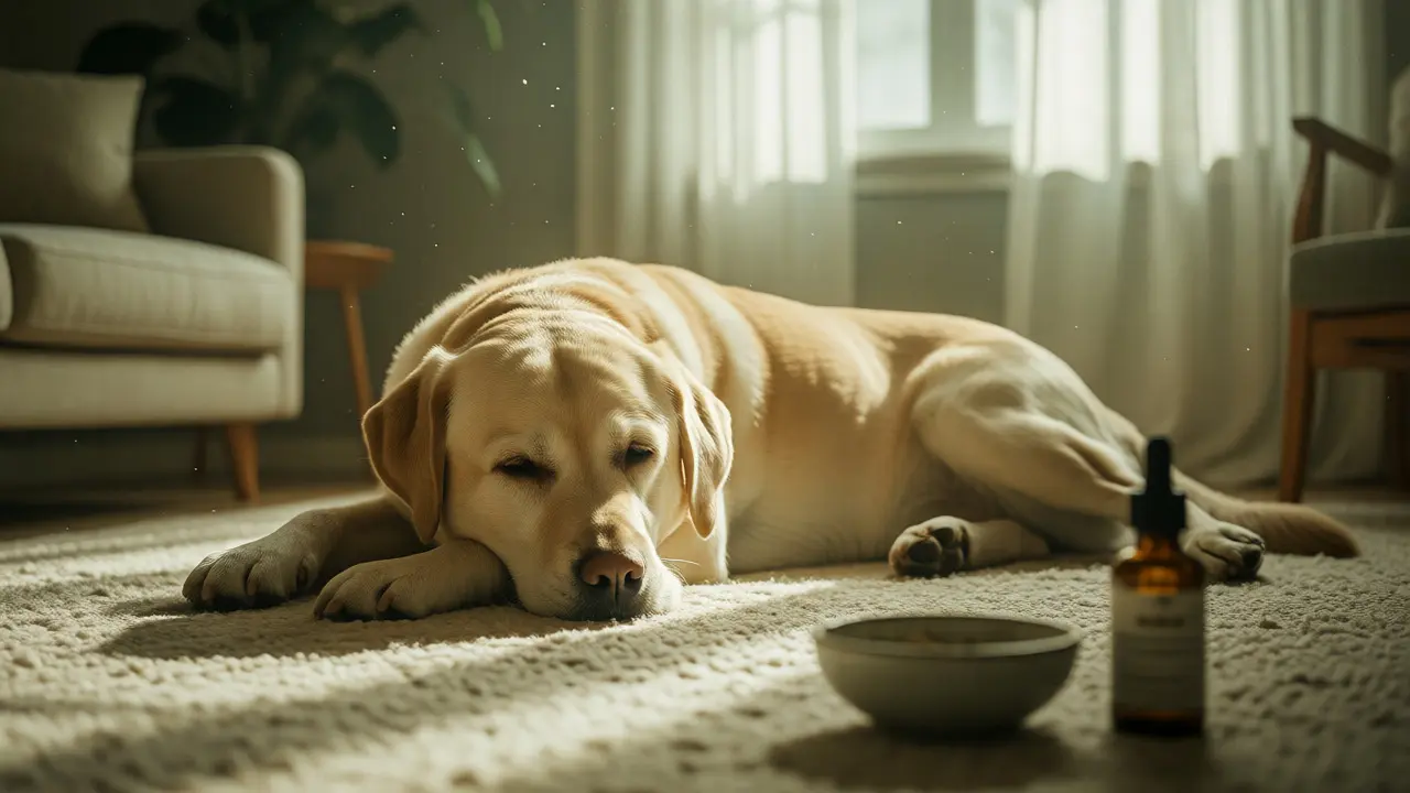 Relaxed Labrador Retriever sleeping peacefully in a sunny room