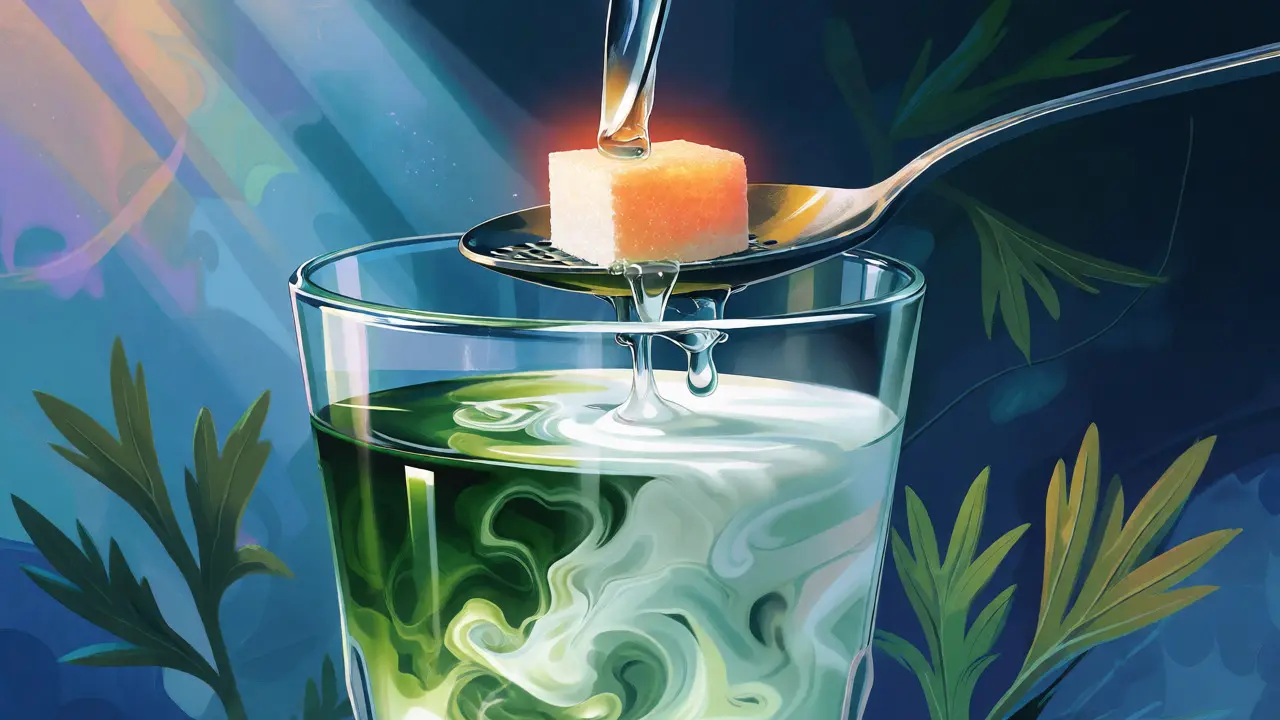 Rituál ředění absintu vodou přes kostku cukru a lžičku