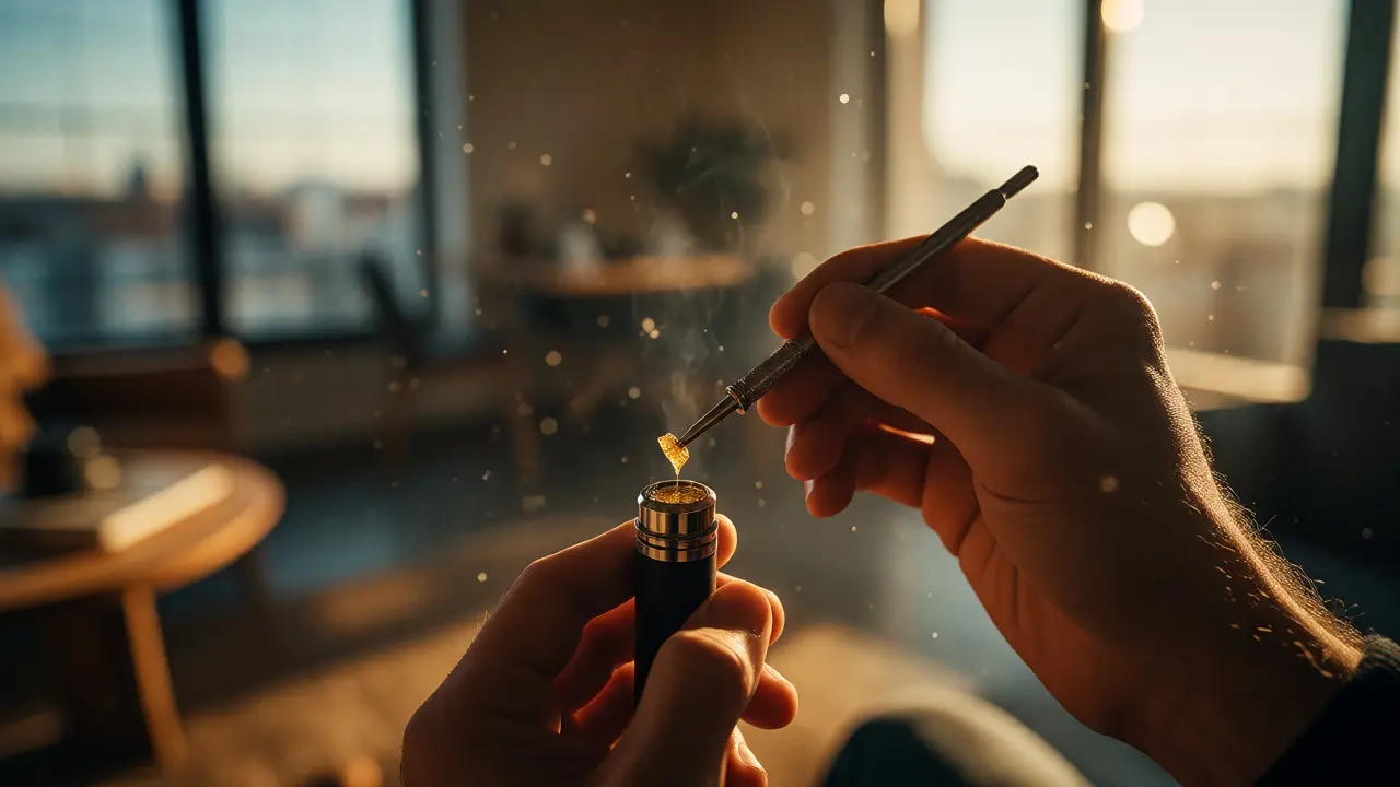 Ruce používají dab tool k naplnění vapovače malým množstvím CBD shatteru