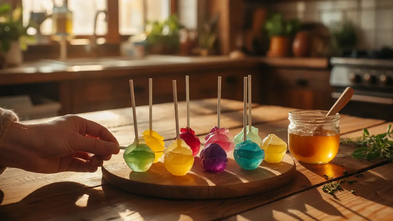 Ruka drží barevné CBD lolipopy na dřevěném stole