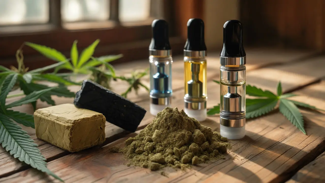 Tradiční hašiš a kif spolu s moderními vape cartridge plněnými čirým extraktem.