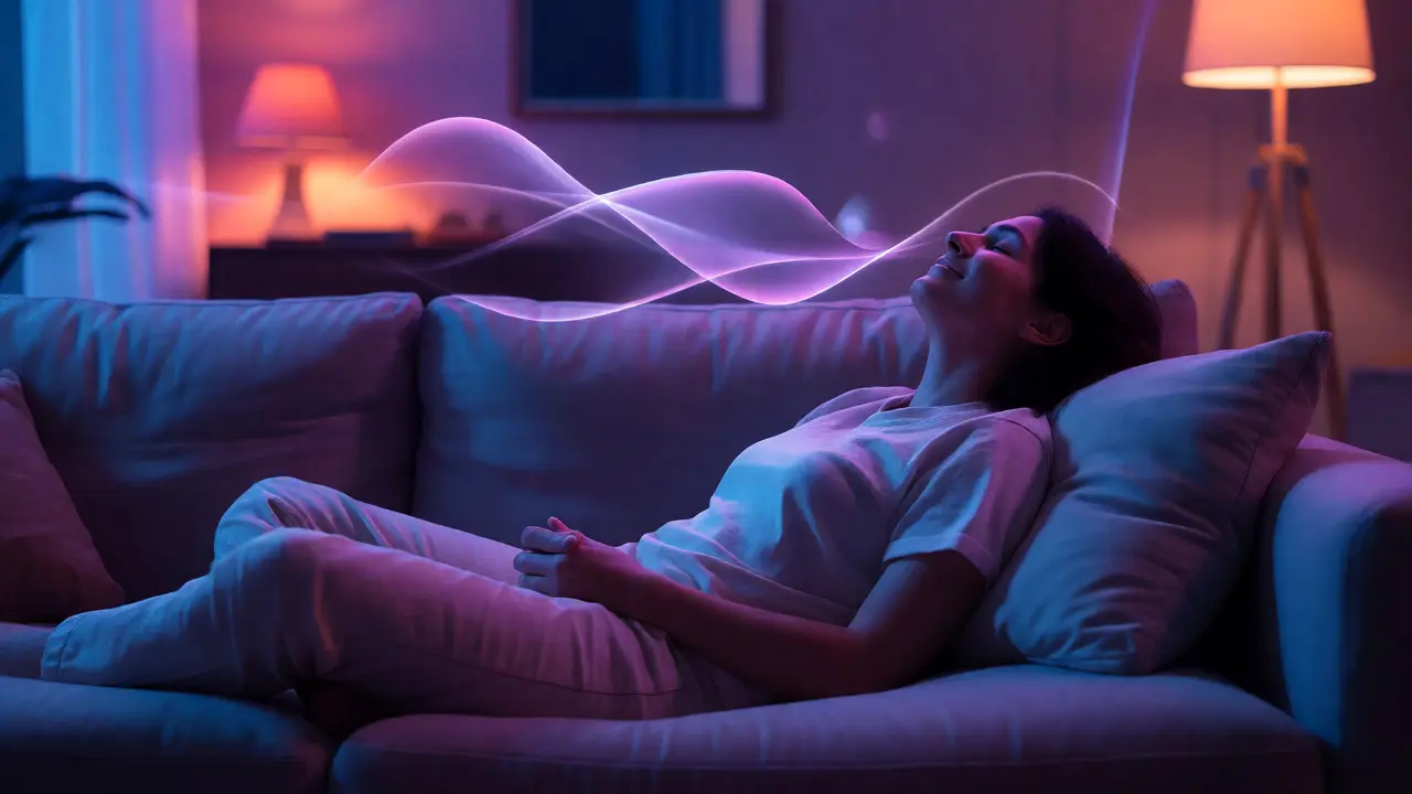 Uvolněná osoba relaxující v tlumeném osvětlení po účinku nápoje.