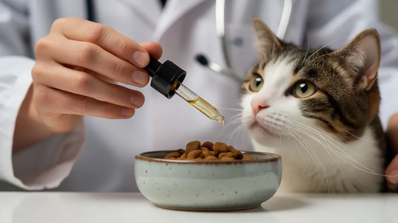 Veterinář podává kapky CBD oleje do misky pro kočku