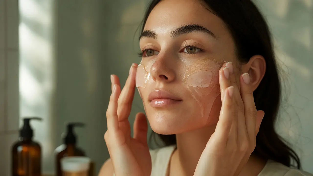 Žena nanáší sérum na obličej v minimalistickém prostředí